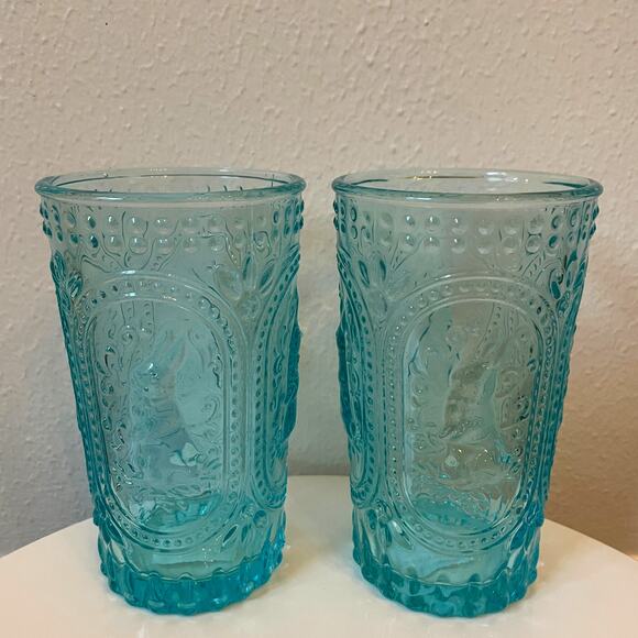 Easter Bunny Embossed Hobnail Victorian Heavy Drinking Glasses Set 4 Blue New - Picture 13 of 16